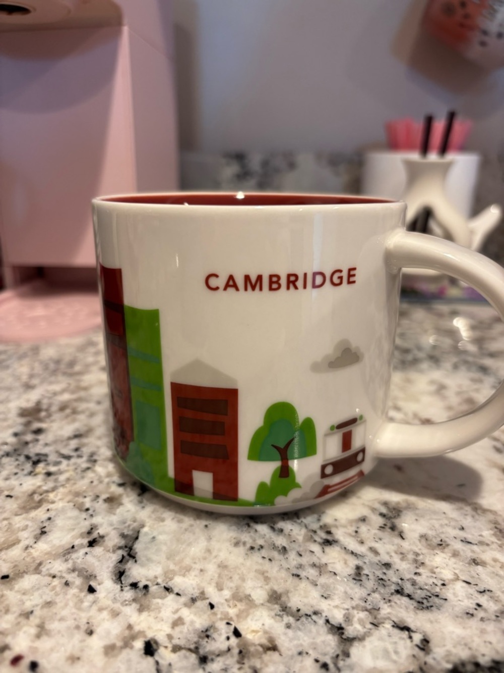 Starbucks Cambridge Ceramic Mug - White Exterior with Red Interior